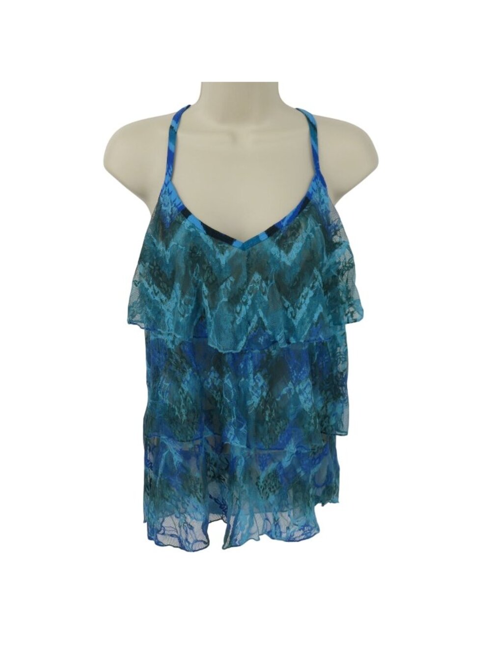 Rue 21 Juniors Large Blue Chevron Sheer Floral Flower Lace Layered Tank Top